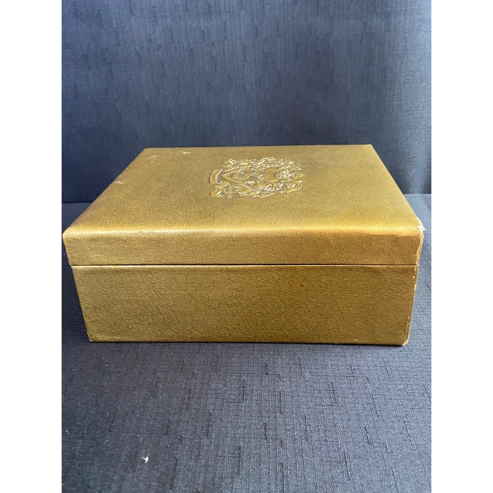 Vintage Gold Jewelry Box Blue Velvet Lining Japan Hinged‎ Metal Crest Design
